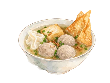 肉団子と豆腐、揚げワンタンを合わせたバクソの一杯を表す料理の概念画。