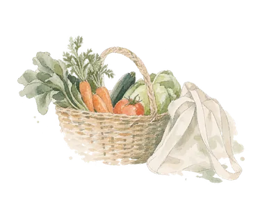 住宅地の小商いを表す、無地の買い物籠と野菜、布袋の概念画。