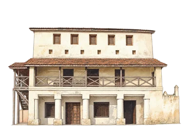 Malindi Museum提供写真を参照した柱の家の正面部分の省略水彩。未見の背面や内観を補わない。