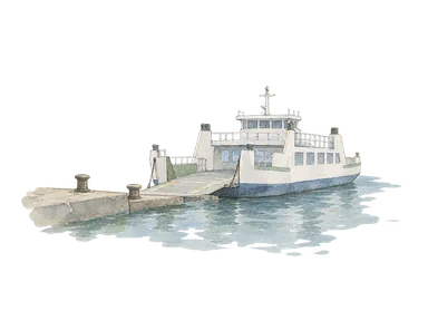 一般的な車両兼旅客船と小さな桟橋で両島間輸送を表す概念画。実際の船型・便数・航路図・現在の岸壁状態を再現していません