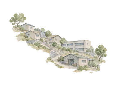 斜面の住宅、小さな業務建物と学校をつなぐ道を示す概念画。カウェニの実街区・現在の建物・都市再生事業の完成図ではありません