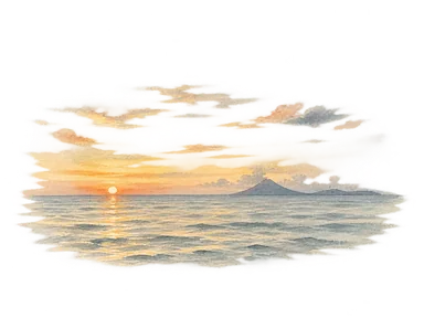 2019年の湾の夕景写真を参考にした、見える水面と遠い島影、低い夕日の部分景。島の名前や港全体の配置、日常の天候・海況は断定しない。