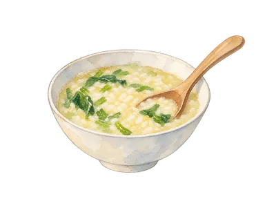 一般的な米と青菜を表す淡い粥の小鉢と木の匙を描く食文化の概念画。特定店のティヌトゥアンの盛付けや配合、付け合わせ、固有の器を忠実再現しない。