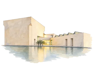公式写真を参考に、国立博物館の石壁の高低と入口、水面を簡略に描いた部分図