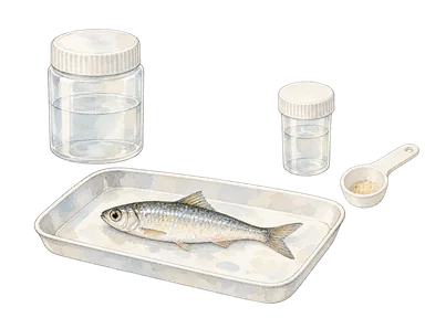 水産研究と加工教育を表す魚と試料容器の概念画
