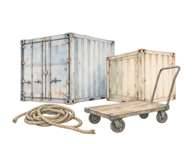 貨物の積み替えを表すコンテナと荷役具の概念画