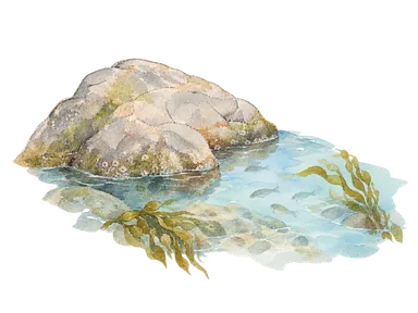 海岸の生息環境を表す岩と海藻、魚の概念画。保護区の実測景ではない