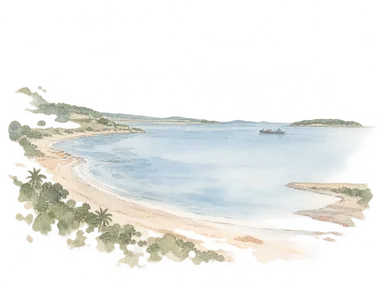 低い湾岸と小さな遠景の船でマプト湾の地理を表す概念画。正確な海図や実在の港湾配置ではありません