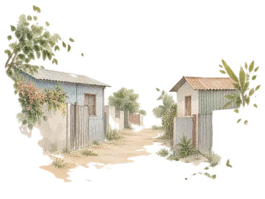 小さな一般住宅と路地で住宅地区を表した概念画。マファララの特定住宅、歴史上の住居や博物館の復元ではありません