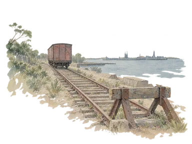 線路と一般的な貨車で鉄道の歴史を表す概念画。1895年の実物車両やマプト駅の再現ではありません