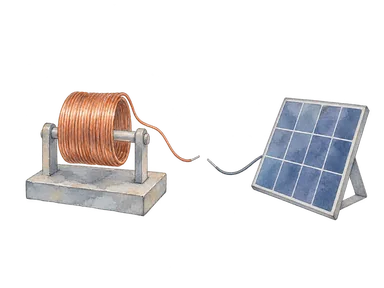 コイルと小さな太陽電池を描いた電気技術教育の概念図。実際の実験装置ではない