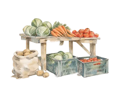 野菜の売り台、袋と運搬箱で青果の流通を表す概念画。マルティ市場の建築や実在店舗、現在の品ぞろえではありません