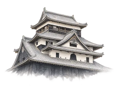 松江城天守の黒い板壁と白壁、重なる屋根、最上層の部分景。