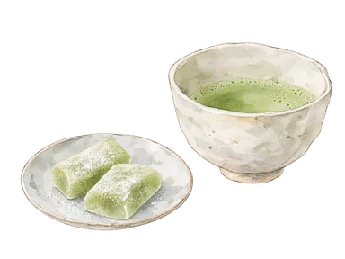 抹茶の茶碗と、淡い緑の小さな求肥菓子を載せた皿。