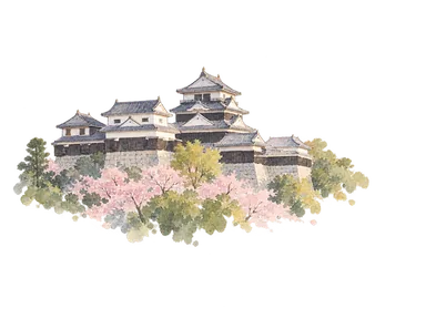 松山城の参照写真に基づく天守群と石垣の部分景