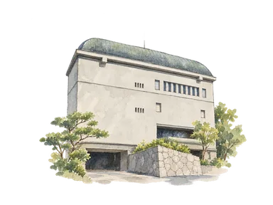 子規記念博物館の参照写真に基づく正面の部分景