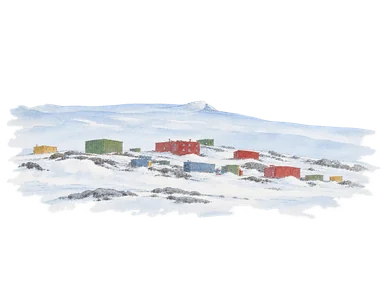 Australian Antarctic Program公式写真で低い建物群と赤い主要棟の外形を確認した省略水彩。看板・旗・周辺機器は省略した。