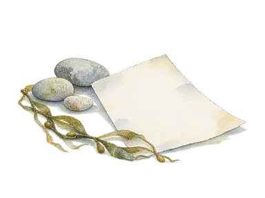 無地の記録用紙と浜の小石、海藻を描いた土地の記録の概念画。伝統文様や住居は再現しない