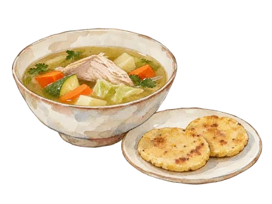 食卓の皿と七面鳥のスープを示す概念画