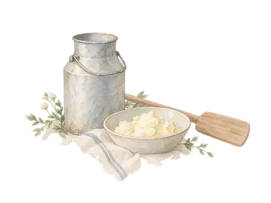 乳缶と乳製品、木の道具を描いた酪農の概念画。実際の資料館収蔵品の再現ではありません。