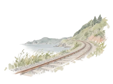 線路を題材に地区間の移動を示した概念画。内房線の特定区間の景観を再現したものではありません。