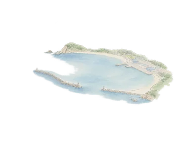 湾と港の配置を示す概念水彩。正確な地図や個別の港湾施設の再現ではありません。