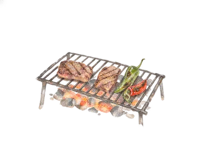 パリージャの焼き網と肉、野菜を表す食文化の概念水彩。市場建築や特定店舗は描いていません。