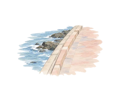 公開写真を参考に人物を除き、護岸、岩、水面と歩道を簡略化したランブラの水彩。