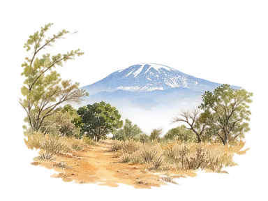 Lone Vassnosの2004年写真を参考にしたモシから見るキリマンジャロの部分景。広い山頂の輪郭、草地の道と前景樹木を省略し、人物や写真外の市街を補っていません