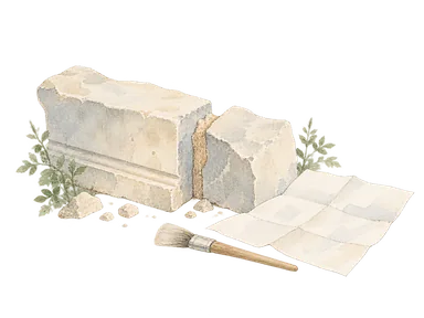 石の断片、紙、刷毛を組み合わせた建築資料保存の概念画