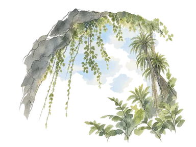 参照写真を基に、洞窟内から見上げる開口とつる植物を省略した水彩。