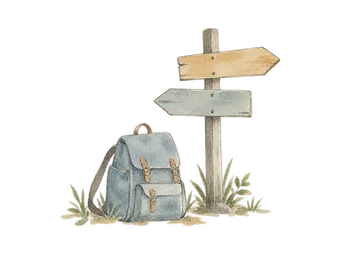 滞在と道案内を表す、旅行かばんと空白の案内板の概念画。