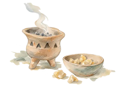 乳香の樹脂と簡素な香炉を描いたイメージ。特定の博物館収蔵品ではありません