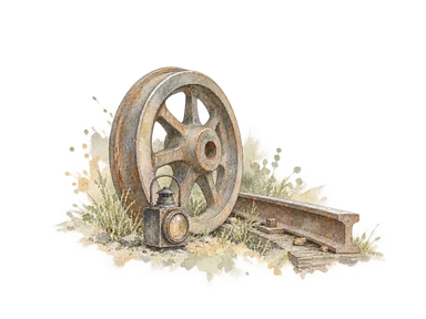 車輪一つ、短いレールと一般的な鉄道灯具を描く鉄道資料の概念画。実在の特定機関車・王室車両・駅舎を復元しない。