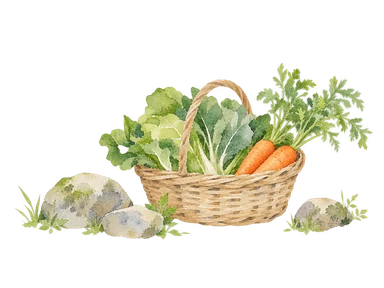 農場の保全と食料支援を表す野菜かごと石垣片の概念画