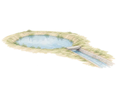 浅い貯留池と短い排水路の概念画。実在施設の配置図ではない