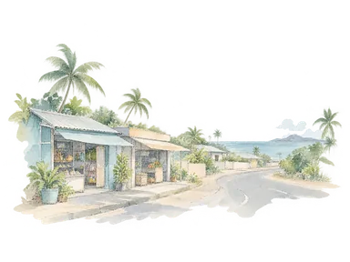 道路沿いの店と海辺でナンディ周辺の地区を表す概念画。特定店舗や実際の道路配置の再現ではありません