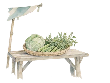 キャベツやオクラなどの野菜を並べた市場台の概念画。ナンディ市場の建築や特定の売り場の再現ではありません