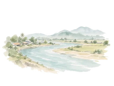 川と低い平地、一般的な家並みでナンディの地理を表す概念画。実際の眺望や洪水被害、治水計画の構造物の再現ではありません