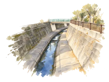 参照写真に基づく妙正寺川の護岸と細い水の流れ