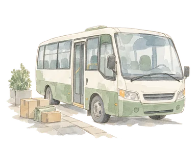 無人の一般的な小型路線バスと荷物、舗装の縁を描く旅客交通の概念画。ナクルの現行路線・車両デザイン・ターミナル実景は再現しない。