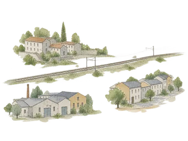 鉄道と三つの抽象的な街区を余白で離して描く居住史の概念画。人種を色分けせず、実際の地区境界や現在の住宅を再現しない。