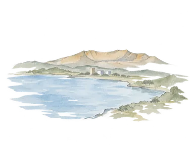 丘と湖の水面、間の小さな街区を並べる地理の概念画。正確なナクルの地図・カルデラ形状・現存建築を再現しない。