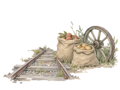 短い線路と積み荷の袋、農業用車輪を描く鉄道・農産物流通の概念画。実在駅舎や歴史列車は描かない。