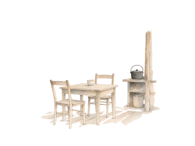 小さな部屋の椅子とテーブルを描く住生活の概念画。保存住宅や所蔵品の忠実な復元ではない