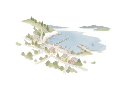 港へ下る斜面と扇状街路の概念図。現地の正確な地図や建築配置ではない