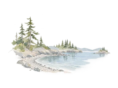 海と岸辺の森を描いた一般概念図。特定の村や文化意匠の再現ではない