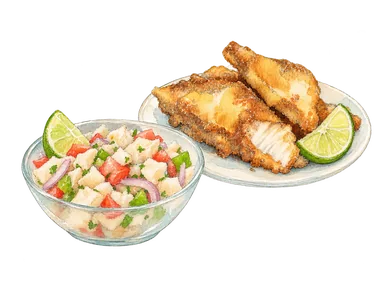 コンク貝のサラダと魚の揚げ物を示した料理の概念画