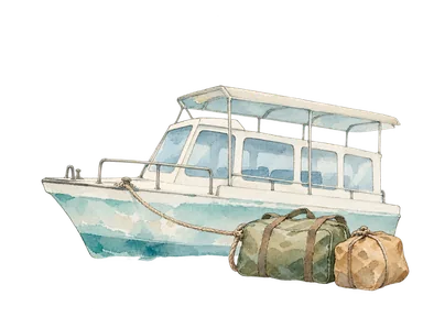 海上交通を表す小型フェリーと荷の概念画