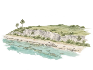 海岸平野、石灰岩の崖、低い内陸台地の関係を表す概念景観。島の正確な輪郭や地区配置を示す地図ではありません。